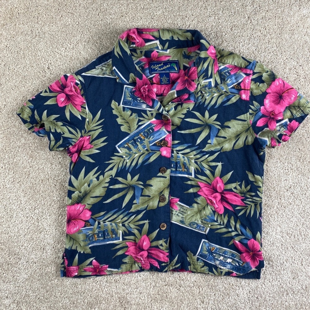 Island Traders Womens Small Navy Blue Tropical Floral Rayon Hawaiian Shirt‎ S